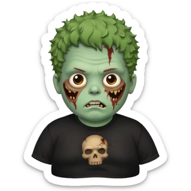 a zombie boy with brown curly hair and a fat double chin, with black t shirt sticker