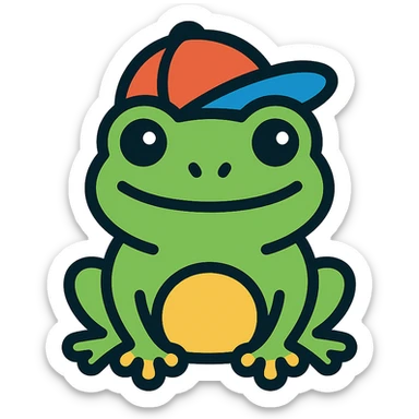 Tiny tropic frog wearing a baseball cap sticker