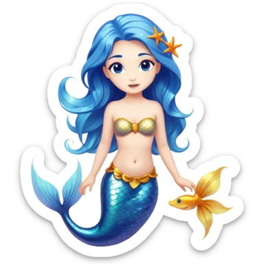 Cinematic Realistic Blue Hair Mermaid Portrait, depicted with lifelike, sun-kissed tanned skin that exudes a warm, radiant glow under gentle underwater lighting. Her intricately detailed, flowing blue hair cascades like a waterfall of ocean hues, framing deep, mesmerizing eyes that capture the vibrant spirit of the sea. Adorned with a shimmering tail and delicate tropical accents, the portrait features an enchanting underwater glow that blends realism with mythic coastal allure. sticker