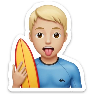Tounge sticking out one eye closed more than the other and a surfers hand sticker