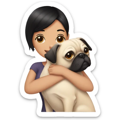 woman hugging a pug short black hair sticker