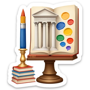 An icon featuring a paint palette, a sculpture, and a book, symbolizing the study of culture and art. The design includes a classical column and a canvas, representing art history and cultural exploration. Transparent background highlights the connection between creativity and history. sticker