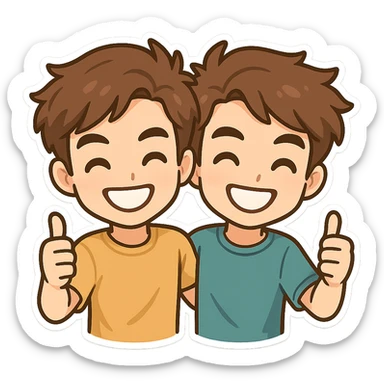 cartoon-style emoji of the Stokes Twins, two identical young men with brown hair, smiling, wearing casual clothes, friendly and energetic vibe sticker