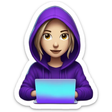  Girl artist behind his laptop with this style : Alan Walker Singer neon glowing bright purple character purple themed character sticker