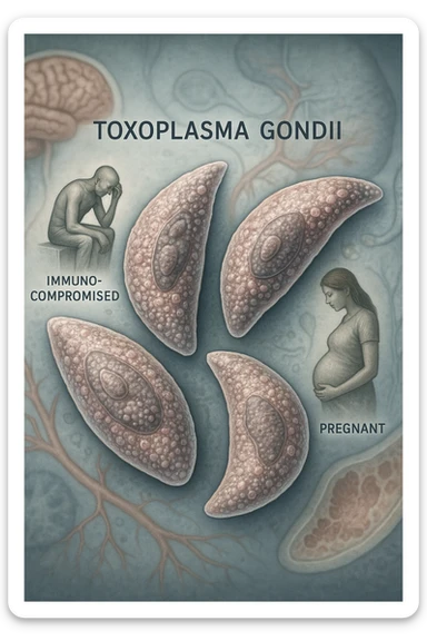 Toxoplasma gondii, infetta uomo immunodepresso e donne incinta. Causando gravi problemi tutto scritto in italiano immagine realistica sticker