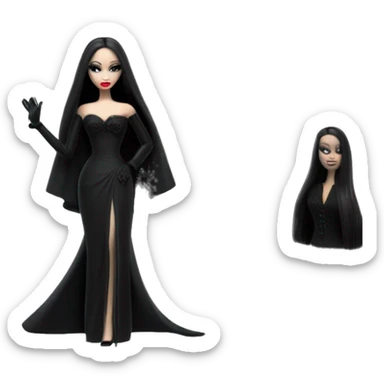 Funeral Barbie,teen Morticia Addams ,drying tears with handkerchief, show full body,accessories  gloves, funeral veil, holding umbrella  sticker