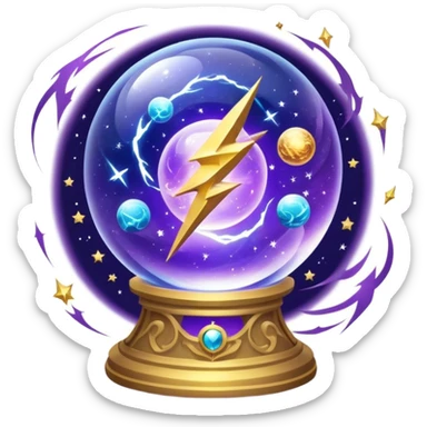 A mystical, glowing crystal ball with swirling sparkles and lightning bolts inside, surrounded by zodiac signs and planets floating in space, with tarot cards spread out on the table around the ball. Use bright purples, blues, and golds to create a magical, mysterious vibe. transparent background.  sticker