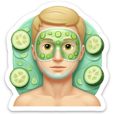 white man with green facial mask and cucumber slices on eyes, relaxing at a spa sticker