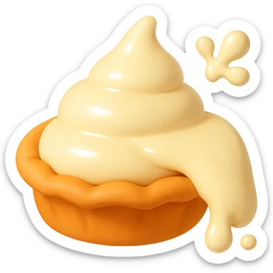 Add a cream drip on the right-hand side of the pie, and add 1 or 2 small cream splatters in the top right corner, matching the playful 3D emoji style, golden brown crust, and transparent background. Keep the main cream part intact and the angle consistent. sticker