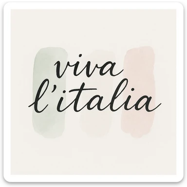 Calligraphic text 'viva l'italia' in black handwritten style on white background in watercolor style with white, green, and pink pastel tones sticker