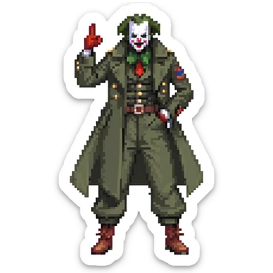 evil clown soldier, bald, small black horns on forehead, fangs, pointed ears, eye patch over one eye, long coat over black and military green clothes with bellbottom pants, realistically proportioned, less bulky, full body, fighting stance sticker