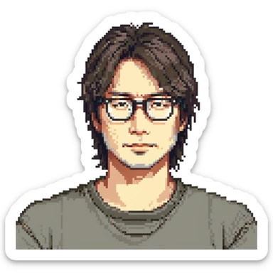 Hideo Kojima as a creative game director with glasses and unique hairstyle, stylized portrait in pixel art style sticker