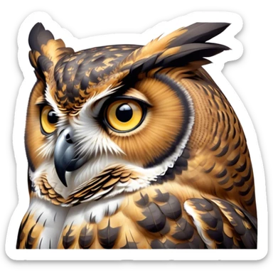 Cinematic Deep Thought Great Horned Owl Portrait Emoji, Head held high with a calm, reflective gaze, showcasing a beautifully mottled plumage and piercing golden eyes that seem to ponder the mysteries of the night, Simplified yet majestically refined features, highly detailed, glowing with a soft, contemplative light, high shine, poised and thoughtful, stylized with an air of profound introspection, capturing the essence of an owl deeply engaged in thought, so thoughtful it feels like it could silently share timeless secrets from beyond the screen! sticker
