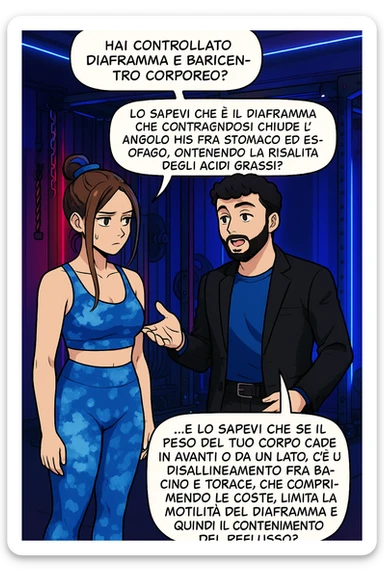 TRASFORMA QUESTO CAROSELLO IN UN FUMETTO STILE WEBTOON/MANGA A COLORI CON QUESTE DUE PERSONE IDENTICHE CHE INTERLOQUISCONO TRA LORO, L'uomo sta spiegando alla donna questo concetto:

LUI (UOMO): Hai controllato diaframma e baricentro corporeo?
LUI (UOMO): Lo sapevi che è il diaframma che contraendosi chiude l’angolo his fra stomaco ed esofago, contenendo la risalita degli acidi grassi?
LUI (UOMO): …e lo sapevi che se il peso del tuo corpo cade in avanti o da un lato, c’è un disallineamento fra bacino e torace, che comprimendo le coste, limita la motilità del diaframma e quindi il contenimento del reflusso? sticker
