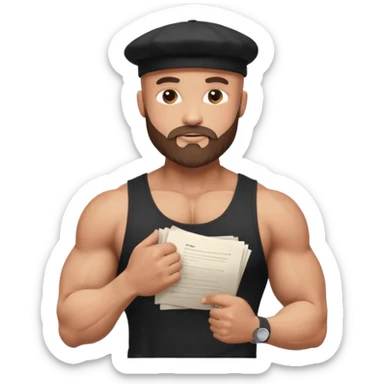 Buff bald bearded guy in black cap flexing, Instagram icon on chest, papers flying around, sparkles, minimal style sticker