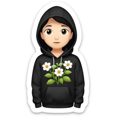 The BLACK Hoodie features a black base with distinctive white and black  open flower spots with empty space in the middle, These hollow ring-like patterns are scattered across. BLACK AND WHITE FLOWERS SPACED OUT FLOWERS, AND ONLY A FEW FLOWERS AND NO DOTS, NO VINES sticker