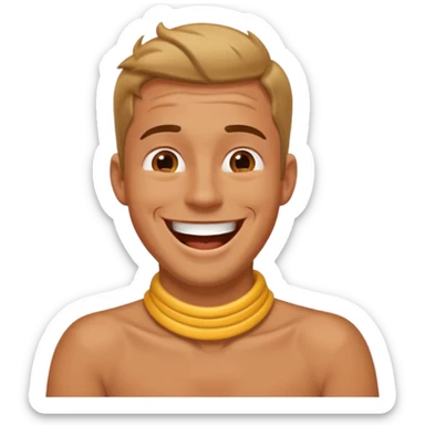 A guy laughing with his hands around his neck sticker