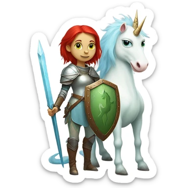 medieval shield: [politically incorrect, (
	{ female, alien, color: light green, hair:red, eyes:cat} ]
	on a 
	[{ unicorn: white, legged:four, mane: light blue }]) sticker