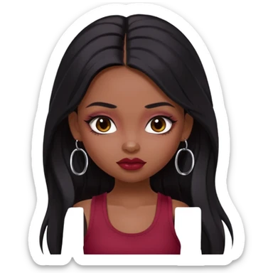 a pretty bratz girl with long black hair, kajal under eyes, small silver hoop. Dark cherry red tank top on.  sticker