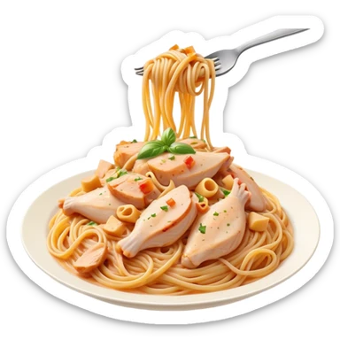 Cinematic realistic emoji depicting a dish of spaghetti with pieces of chicken breast in a creamy sauce, made with realistic details and bright natural lighting sticker