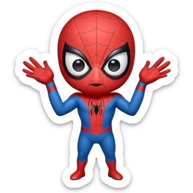 A cute caricature Spider-Man emoji, chibi style, oversized head and tiny body, big expressive white eyes, simplified red and blue suit, thick black outlines, glossy cartoon shading, friendly playful expression, clean vector style, centered face, emoji-sized, transparent background sticker