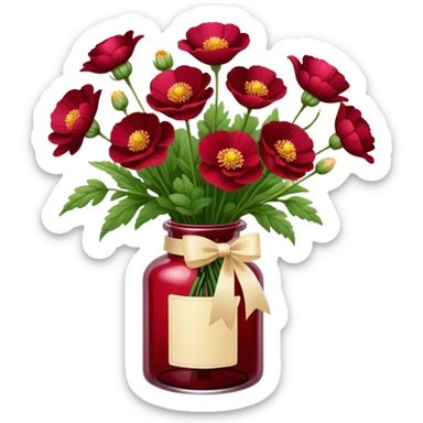 aesthetic bow in Cream red , Deep Red color glass bottle and in it a beautiful bouquet of Amaranth Chinese buttercup  sticker