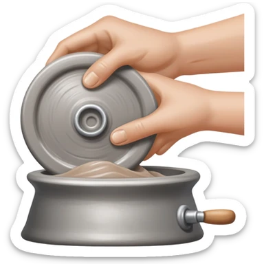 single hand scooping a blob of clay on a silver pottery wheel sticker