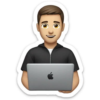 white guy with dark brown hair with crewcut haircut programming with a dark colored macbook sticker