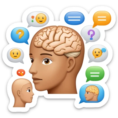 Natural Language Processing, brain with text analysis, speech bubbles with data parsing sticker