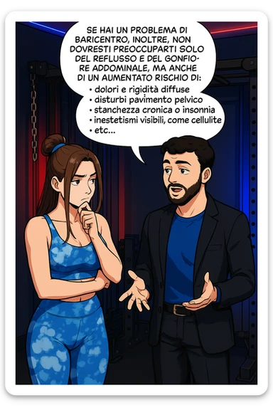 TRASFORMA QUESTO CAROSELLO IN UN FUMETTO STILE WEBTOON/MANGA A COLORI CON QUESTE DUE PERSONE IDENTICHE CHE INTERLOQUISCONO TRA LORO, L'uomo sta spiegando alla donna questo concetto MENTRE LA DONNA SI TIENE L'INDICE SUL MENTO ASCOLTANDOLO PENSIEROSA:

Se hai un problema di baricentro, inoltre, non dovresti preoccuparti solo del reflusso e del gonfiore addominale, ma anche di un aumentato rischio di:
    • dolori e rigidità diffuse
    • disturbi pavimento pelvico
    • stanchezza cronica o insonnia
    • inestetismi visibili, come celluluite
    • etc… sticker