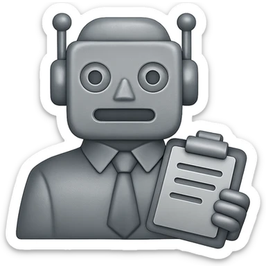 Make the recruiter robot emoji more masculine in a flat, metallic style similar to Apple emojis. The robot should be holding a clipboard. The background should be transparent. sticker