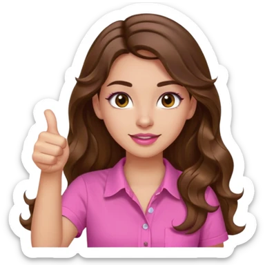 girl with long wavy brown hair, brown eyes, light to medium complexion, in a pink shirt, pink lips, long lashes, thumbs up sticker