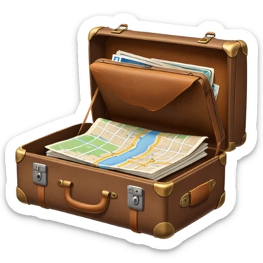 An open traveler's suitcase, from which a map, camera, and phrasebook peek out. sticker