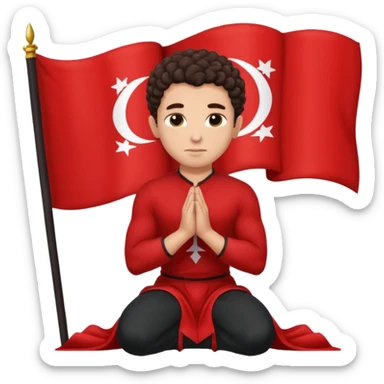 Brunette man clean shaven with slick back curly hair on his knees praying to an Albanian flag sticker