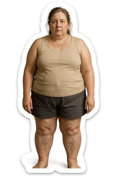 donna realistica leggermente in sovrappeso con vene visibili sulle gambe e gambe gonfie, iperrealistica 4k, IPERREALISTICA 4K sticker