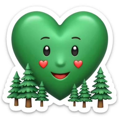 a big green heart emoji  with small pine trees behind it and i love you text on the front of the heart sticker
