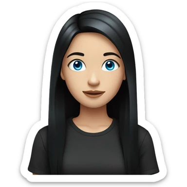 girl, long black hair, blue eyes, fair skin in a black T-shirt sticker