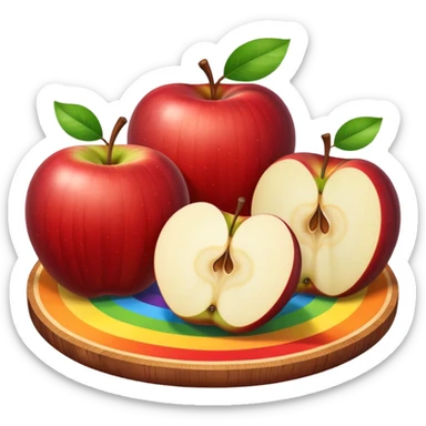 A round wooden board on which there are three whole apples and one apple, cut into two halves and several slices, with a rainbow outline sticker