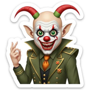 evil clown, bald, short goat horns on forehead, fangs, pointed ears, black and military green leisure suit, battle-ready fighting posture sticker