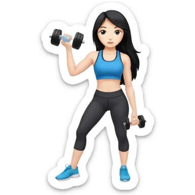 Long black hair girl with gym aesthetic, leggings with fitted shirt, with water bottle and dumble  sticker