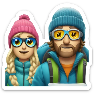 Ski bum Couple with ski goggles and beanie the guy is smoking a cig and the girl is having a beer sticker