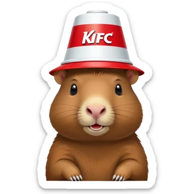 Capybara wearing a tiny KFC bucket as a hat on its head sticker