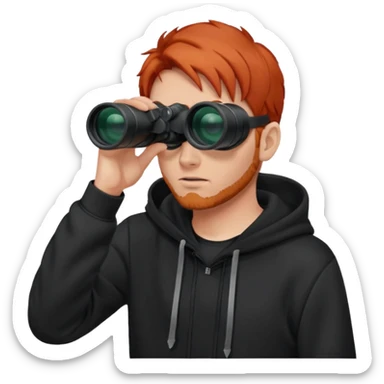 A red-haired man in a black hoodie looks through binoculars. sticker