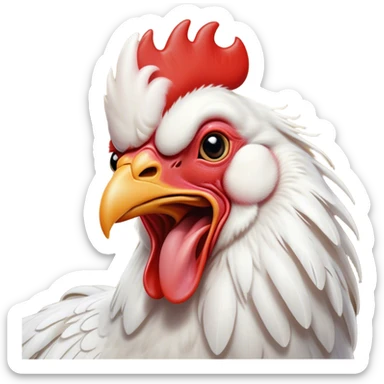 Cinematic Cute Yawning White Rooster Portrait Emoji, Head tilted slightly with a dramatic, wide-open yawn, showcasing a soft, downy white plumage with a crisp red comb and drooping wings, round eyes barely open in drowsy contentment, Simplified yet irresistibly adorable features, highly detailed, glowing with a soft, cozy glow, high shine, relaxed yet expressive, stylized with a touch of whimsy, bright and endearing, soft glowing outline, capturing the essence of a sleepy yet affectionate rooster, so drowsy it feels like it could stretch out of the screen and curl up for a nap! sticker