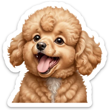 Cinematic Cute Yawning Apricot Poodle Portrait Emoji, Head tilted slightly with a dramatic, wide-open yawn, displaying a soft, curly apricot Fur with delicate texture, floppy ears slightly drooping, round warm eyes barely open in drowsy contentment, Simplified yet irresistibly adorable features, highly detailed, glowing with a soft, cozy glow, high shine, relaxed yet expressive, stylized with a touch of whimsy, bright and endearing, soft glowing outline, capturing the essence of a sleepy yet affectionate companion, so drowsy it feels like it could stretch right out of the screen and curl up for a nap! sticker