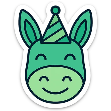 Add a colorful party hat with green tones to the happy donkey head icon, in color outline style, with no background. sticker