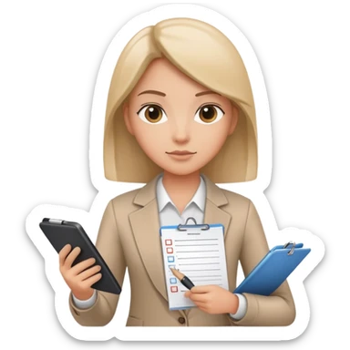 A person holding a checklist and pen is wearing smart casual clothing. The character is in a focused pose sticker