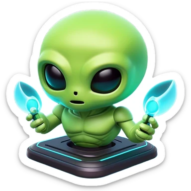 Clash of Clans aesthetic: Cinematic Playful 3D Isometric Alien Emoji, rendered in a 3D vector-style similar to standard emojis with minimal shading and bold, simplified shapes. A compact, distinct form with signature details, softly glowing with a futuristic sci-fi warfare charm. Simplified yet unmistakably iconic, highly detailed and consistent, glowing with a soft radiance and high shine. Stylized with a touch of high-tech brilliance and a soft glowing outline, capturing the essence of a beloved gaming relic with a friendly, playful manner! sticker