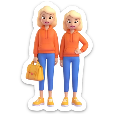 Two smiling cartoon-style characters standing close together, one slightly taller, cheerful expressions, matching clothes or colors, white background, emoji style sticker