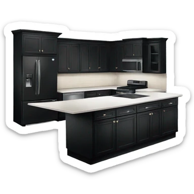 Isolated full length Realistic black kitchen range with cabinets and counters sticker